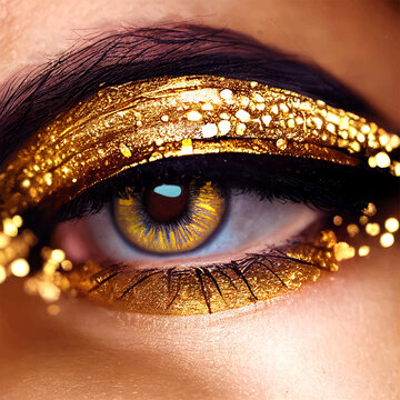 Female Eye Makeup Gold, Yellow, Shiny. Girl With Perfect Skin And Golden Eyes Shadows. Beautiful, Colorful, Magical, Fantasy, Pretty Female Eye.