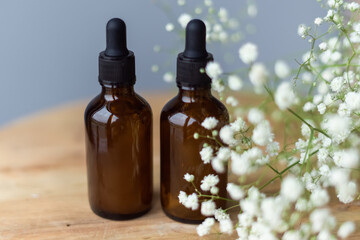 Cosmetic bottles for oil. Phermaceutical organic spray for massage and spa procedures