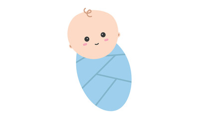Smiling baby swaddle clipart. Simple cute smile baby swaddle in blue wrap flat vector illustration. Happy infant baby swaddling cartoon style. Kids, baby shower, newborn and nursery decoration concept