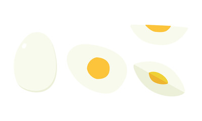 Vector set of sliced hard boiled egg clipart. Simple whole, half, a quarter, cut sliced boiled egg flat vector illustration isolated. White boiled chicken egg with yellow yolk cartoon hand drawn style