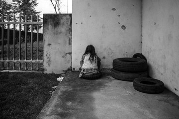 Criança isolada virada para a parede