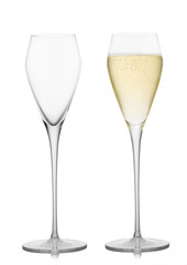 Prosecco wine and yellow champagne empty and full glasses.