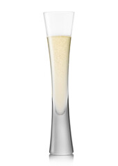 Luxury crystal yellow champagne flute glass on white background.