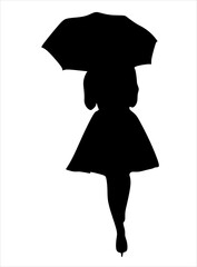 Continuous Line Drawing of young woman is standing under an umbrella cane in a fashionable autumn coat. Vector One Line Sketch