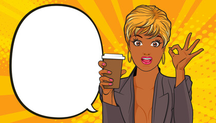 surprised Beautiful young woman show drink beverage coffee 3