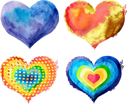 Set of watercolor hearts with different colors