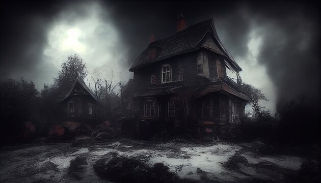 Scary houses, halloween eve. Homes at night, dark clouds, terror. AI Generated image.
