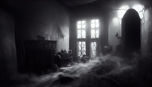 Interior of a terrible ghost house. Halloween season, scary building, spider webs. Ai generated image