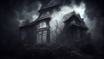 Surreal scene of a terrible ghost house. Halloween season, scary building, spider webs. Ai generated image