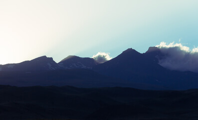 Obraz na płótnie Canvas Mountain Aragats. Huge Mountain view with sunset. Beautiful view of Aragats with four peaks.