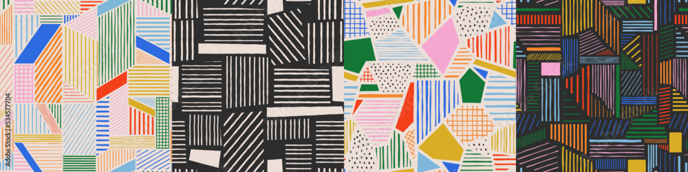 Poster Abstract colorful geometric line doodle seamless pattern set. Creative minimalist style art background collection. Trendy design with fun geometry shapes. Simple geometry scribble print.