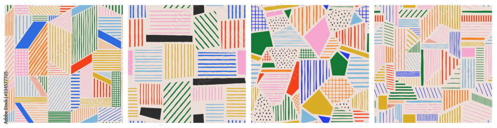 Poster Abstract colorful geometric line doodle seamless pattern set. Creative minimalist style art background collection. Trendy design with fun geometry shapes. Simple geometry scribble print.