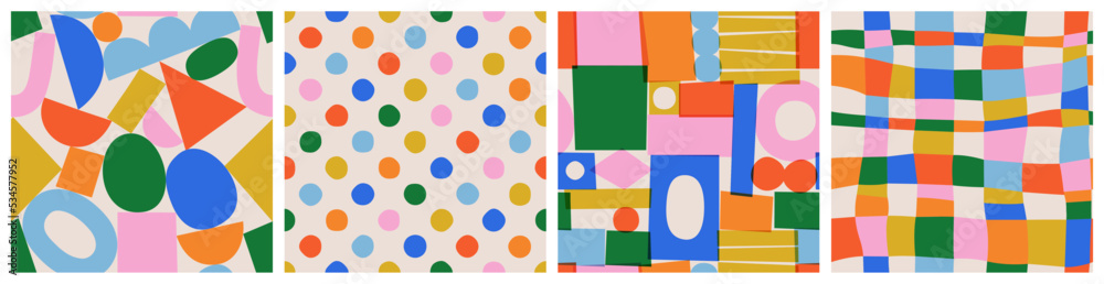Poster fun colorful seamless pattern collection. creative 90s style geometric shape background for children