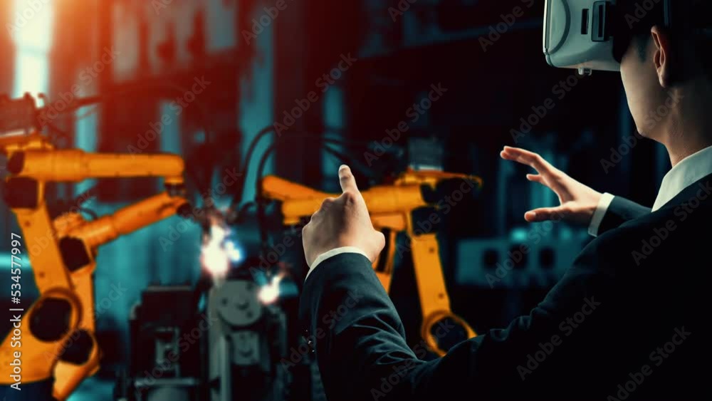 Poster engineer use cybernated robotic software to control industry robot arm in factory . automation manuf