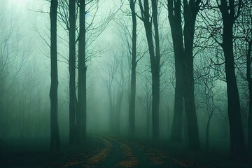 A spooky country path next to a forest and fields in the English countryside on a foggy winters day. With a grunge, artistic, edit 