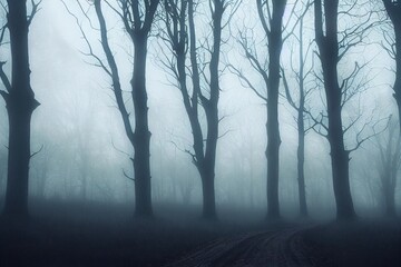 A spooky country path next to a forest and fields in the English countryside on a foggy winters day. With a grunge, artistic, edit 