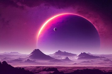 Mars purple space landscape with large planets on purple starry sky, meteors and mountains. Nature on another planet with a huge planet on the horizon