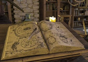 the book is on the table in an alchemy lab background