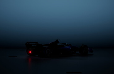 Silhouette of a modern generic sports racing car standing in a dark garage. 3d rendering
