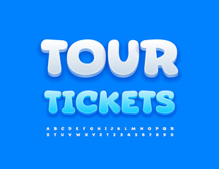 Vector travel Banner Tour Tickets. Creative Blue Font. Artistic set of Alphabet Letters and Numbers