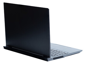 Back isometric view of black open laptop