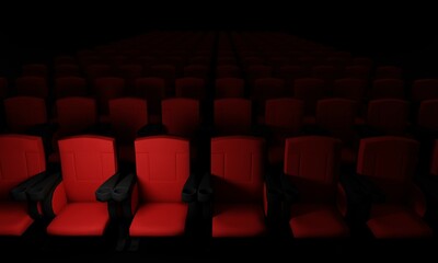 3D illustration, red cinema seats, black background, 3D rendering.