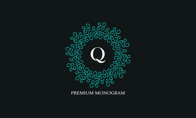 Vector logo with uppercase letter Q. Monogram in the form of circular paper, place for text for luxury products, jewelry, fashion, beauty and company.