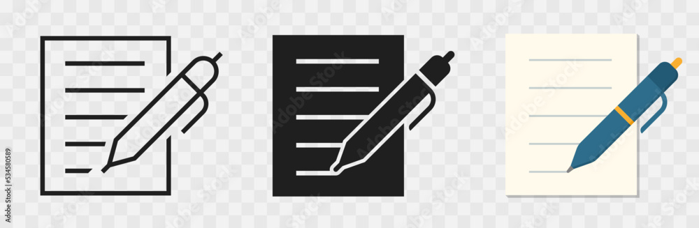 Poster writing pad icon set on transparent background. writing pad, document, sheet of paper symbols. vecto