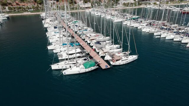 Aerial top view of boats and yachts in marina from above, Yacht parking 4k
