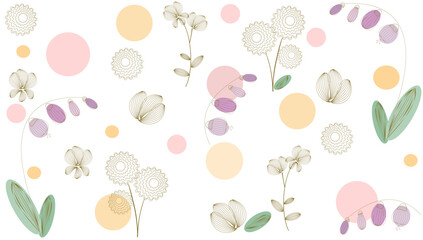 A delicate pattern of abstract outline flowers and circles in a pastel palette. Vector illustration for wallpaper, fabric, packaging design