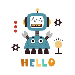 hello. Cartoon robots, hand drawing lettering, decor elements. vector illustration. baby design for print on t-shirt, card, wall decoration