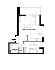 Black and white house floor plan, blueprint. House apartment with furniture. Floor plan of an apartment building. Unusual floor plan.
