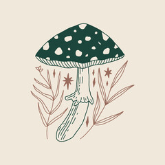 Witchcraft celestial fly agaric mushroom, goblincore, witchcore, fairycore style aesthetic, magical potion ingredients. Cartoon doodle style, woodland forest symbols. Vector and jpg printable image