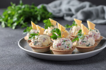 Tartlets with sausage and cheese, decorated parsley on gray plate on dark gray table