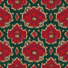 Red and green floral seamless pattern with texture of Persian wool carpet. AI-generated, not based on any actual photo