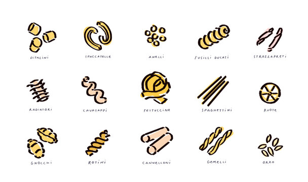 Pasta outline icons, doodle collection, pasta variety set