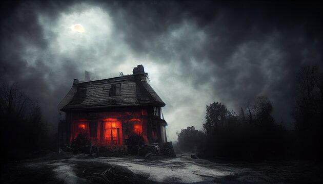 Scary house, halloween eve. Homes at night, dark clouds, terror. AI Generated image.