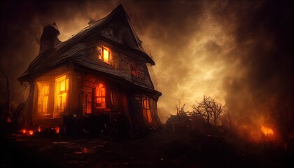 Scary house, halloween eve. Homes at night, dark clouds, terror. AI Generated image.