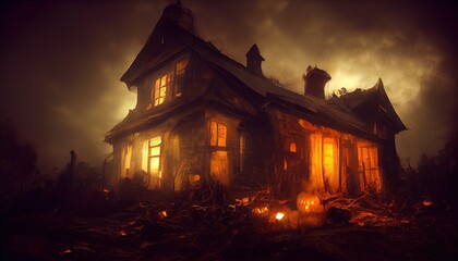 Scary house, halloween eve. Homes at night, dark clouds, terror. AI Generated image.