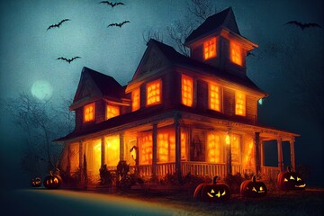 Fototapeta na wymiar Halloween house with some pumpkins. Scary building at night, trees and forest, bat. Ai generated image
