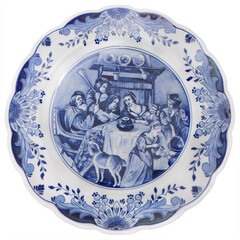 Old vintage blue and white ceramic plate with Dutch motifs as a souvenir - 534584515