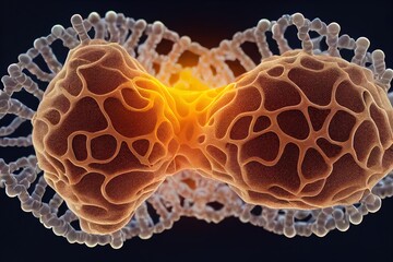 Illustrative image of a virus. Coronavirus, monkeypox, flu dna interactions. Virus interact with cell. AI generated image