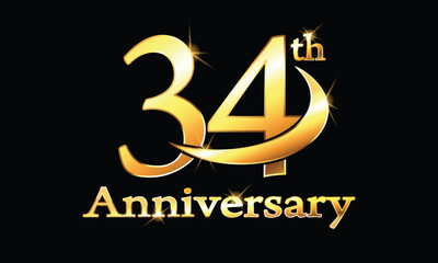 34 year anniversary celebration logo. 34th Anniversary celebration. Gold Luxury Banner of 34th Anniversary celebration. thirty-fourth celebration card. Vector anniversary