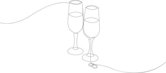 Continuous line drawing of two glasses with champagne and wedding rings. Minimalist one line drawing style. Vector illustration.