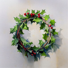 Simple Digital Art Holly Berry Christmas Wreath created with generative AI technology