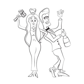 Newlyweds in love at their wedding. Girl in wedding dress with bouquet of flowers and guy in suit with champagne. Isolated outline for coloring. Black and white picture