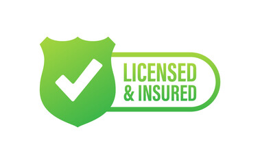 licensed and insured vector icon with tick mark and shield - obrazy, fototapety, plakaty