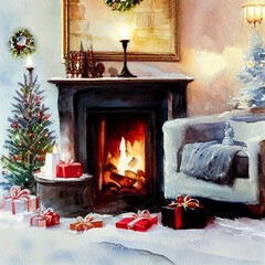  Christmas Living Room Watercolor Digital Art created with generative AI technology