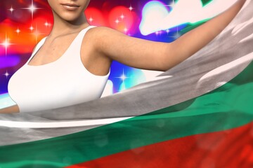 young lady holds Bulgaria flag in front on the party lights - flag concept 3d illustration