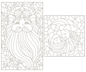 Set of contour illustrations of stained glass Windows with portraits of Santa Claus, dark outlines on a white background